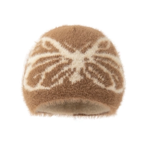 Brown and beige knitted winter beanie with butterfly pattern for women, warm outdoor hat