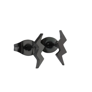 Pair of minimalist matte black lightning bolt stud earrings in durable stainless steel