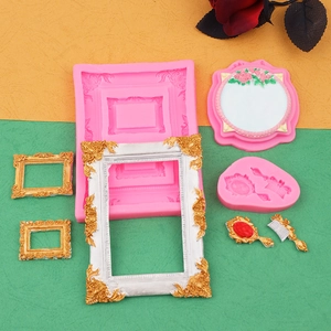 Detailed pink silicone molds for vintage picture frames and floral mirror cake decor