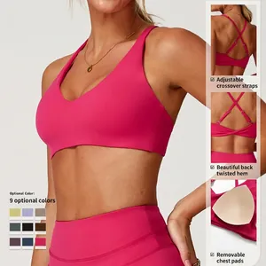 Soutien-gorge sport yoga dos croisé avec bretelles réglables et ourlet torsadé magenta