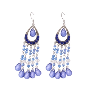 Bohemian style long tassel drop earrings with blue crystal beads and metal frames