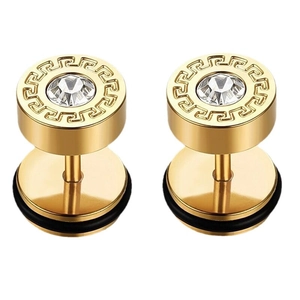 Golden stainless steel round stud earrings with Greek key pattern and central crystal
