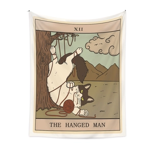 Close-up detail of the bohemian cat tarot tapestry featuring the XII Hanged Man design
