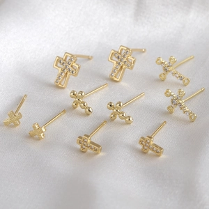 Exquisite 18K gold plated cross stud earrings set featuring micro-paved cubic zirconia