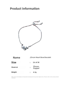Detail view of zircon heart bow bracelet with 24.4cm length and copper material specs