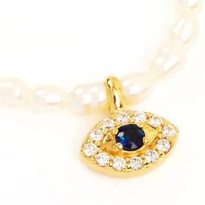 S925 sterling silver evil eye pendant necklace with white pearls and blue zircon gem