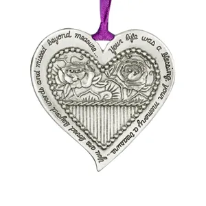 Zinc alloy heart memorial ornament with rose relief and purple ribbon for Christmas