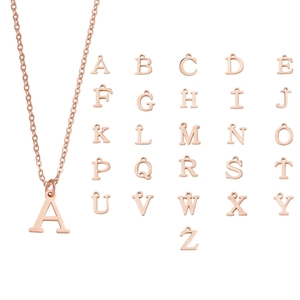 Rose gold alphabet initial necklace set featuring letter A pendant and B-Z charms