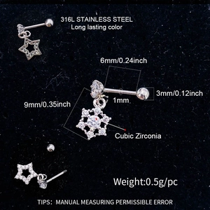 Detailed specs of 316L stainless steel heart and star zircon piercing jewelry set