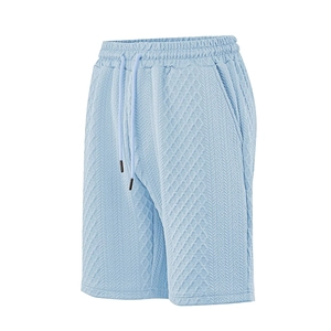 Men's light blue casual shorts with waffle texture and white drawstring in loose fit