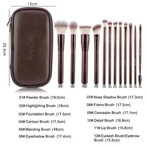 12-piece brown makeup brush set with PU pouch and detailed size measurements chart