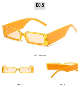 Rectangle narrow frame sunglasses in bright orange shown from multiple viewing angles