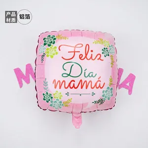 Detail of 18-inch square pink foil balloon with Spanish Feliz Día mamá floral design