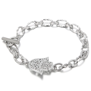 Elegant gold-tone stainless steel Hamsa hand bracelet featuring a toggle clasp design