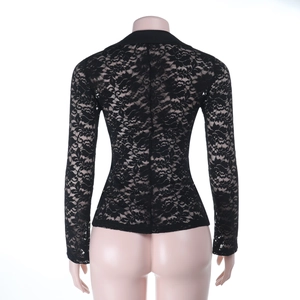 Detailed back view of a slim-fit black lace long-sleeved polo top with floral patterns