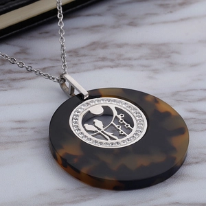 Titanium steel necklace with resin tortoiseshell tree bird pendant and crystals