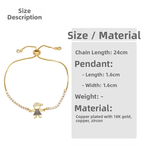 Detail view of 18K gold plated bracelet with zirconia girl pendant and adjustable chain