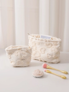 Women Makeup Bag Plush Cream Color Stereoscopic Floral Pattern Travel Cosmetic Pouch Portable Skincare Storage Clutch