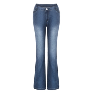 Detailed view of blue flared jeans showing high-waist design and denim fabric texture