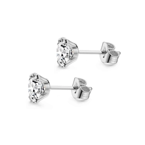 Silver-colored titanium steel ear stud with round-cut sparkling zircon and butterfly back