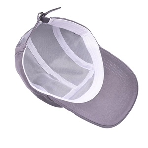 Internal structure of grey cotton five-panel baseball cap with metal buckle and white sweatband