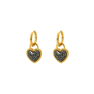 18K gold plated stainless steel hoop earrings with black zircon pavé heart pendants