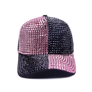 Sparkly pink and black sequin baseball cap with rhinestone embellishments for women