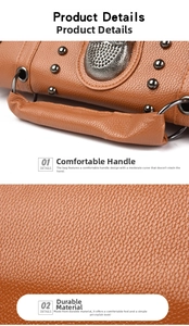 Close-up of brown textured leather handbag featuring durable handle and metal rivet details