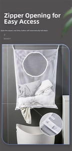 Macro shot of wall-mounted mesh laundry bag with zipper bottom for bathroom storage