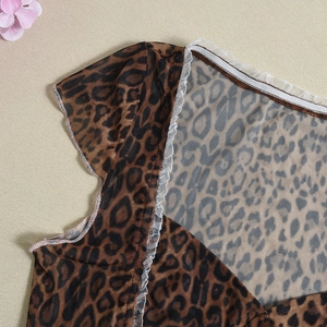 Close-up of leopard print mesh top featuring white lace trim and semi-transparent texture