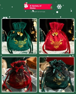 Detail of velvet Christmas gift bags with gold bells and Merry Christmas printing
