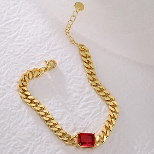 Cuban link bracelet in 18K gold plating with a large rectangular red zircon stone centerpiece