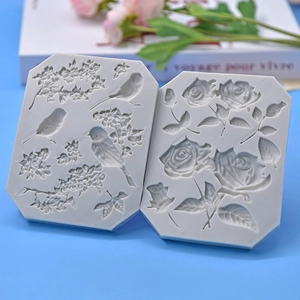 Silicone cake mold set with floral, bird and rose relief patterns for DIY baking projects