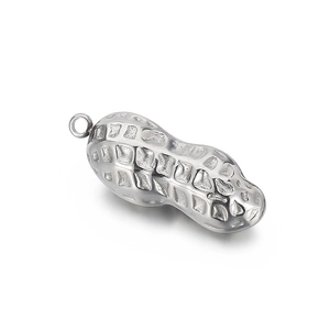 Polished silver stainless steel peanut pendant with realistic shell texture on white background