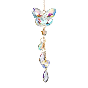Rainbow crystal butterfly suncatcher with golden chain and star drop pendants