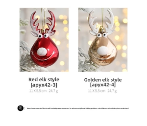 Detail of glitter elk Christmas tree ornaments in red and gold finish with dimensions