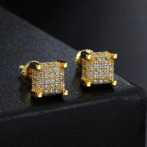 Hip hop square gold earrings with pavé set cubic zirconia and screw back posts