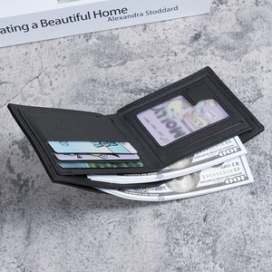 Classic black bifold wallet with lychee pattern texture featuring multiple card slots