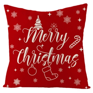 Red linen Christmas pillowcase with Merry Christmas text and festive patterns on white background