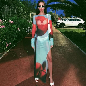 Détail d'une robe en maille transparente avec imprimé bikini et fente latérale