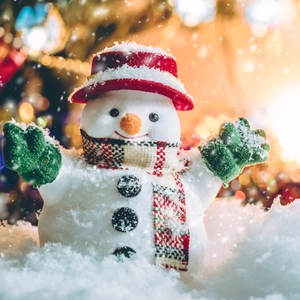 Close-up of plush snowman doll with carrot nose in a snowy Christmas scene