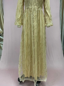 Detail eines champagnergoldenen Abendkleids mit kunstvollen Pailletten-Zweigmuster auf Netz