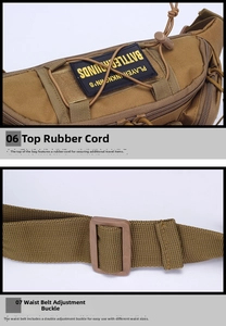 Detail of khaki tactical waist bag featuring elastic bungee cord and adjustable buckle