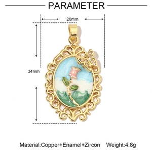 Detail view of 18k gold plated enamel flower pendant with 34mm size and zircon stones