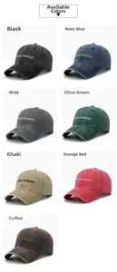 Detailed grid view of washed cotton baseball caps in seven different vintage colors