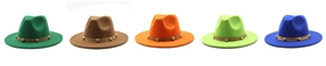 Close-up of wool fedora hats in multiple colors with leather bands and gold rivets