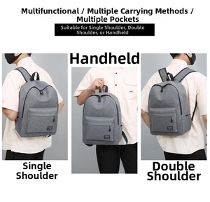 Detailed views of gray backpack showing three carrying modes: single, double strap, and handle