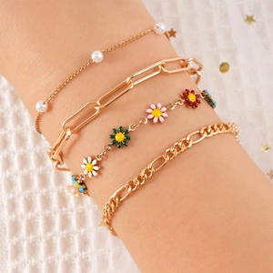 Colorful floral daisy pendant bracelet set with gold chain and pearls for women