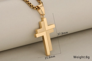Detailed view of gold cross pendant with dimensions 37.8mm by 25.8mm and 8g weight