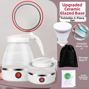 Detail of white foldable electric kettle set with collapsible cup and storage bag